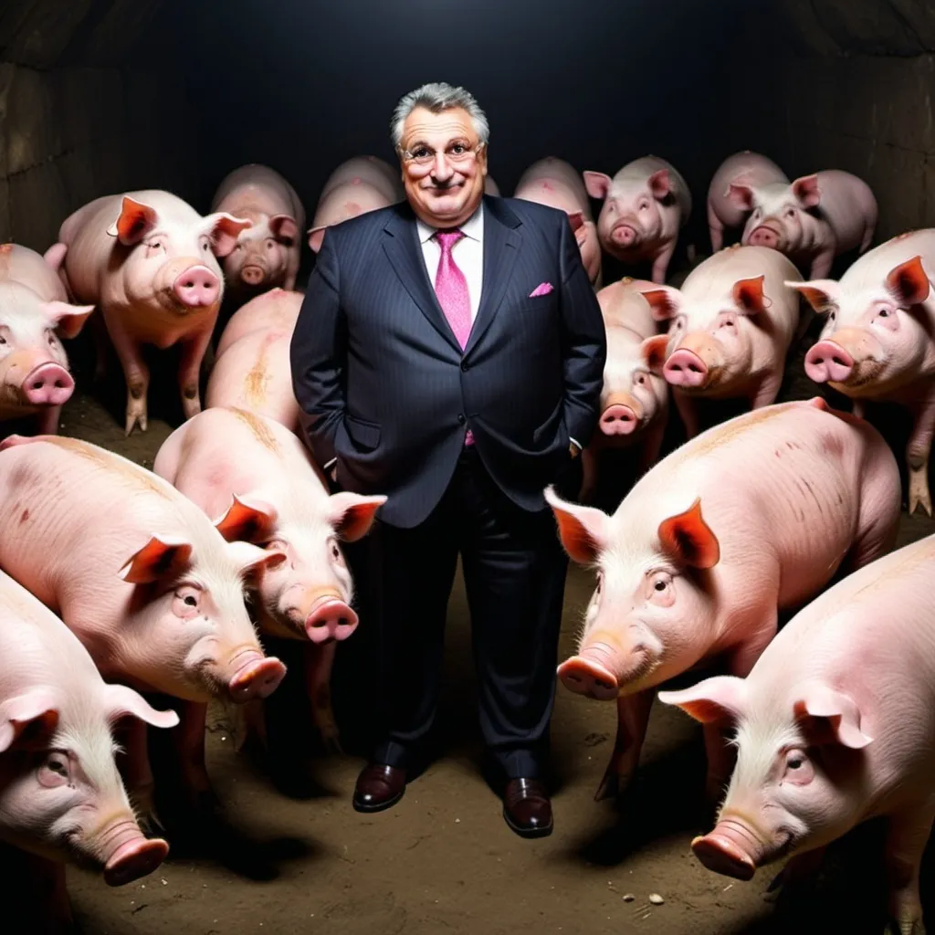 Prompt: A millionaire with a big nose, who only wears underpants visits a dark room full of giunea pigs.