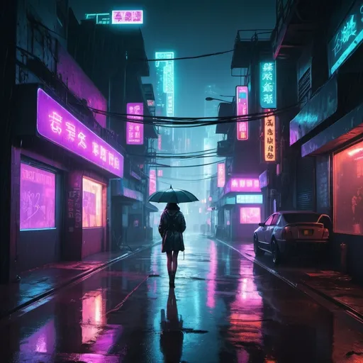 Prompt: A cyberpunk themed city with neon lights and a lonely human walking in the rain at night as if she was the last person on earth