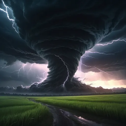 Prompt: A huge black tornado with lighting coming out of it in a grass field with no object seen in it and a anime style on it
