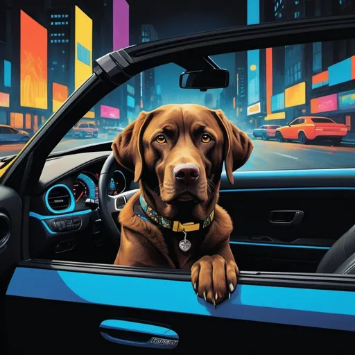 Prompt: A brown chocolate lab sitting confidently in the driver's seat of a sleek, matte-black 2021 Dodge Challenger SXT, paws grasping the steering wheel, cruising down a nighttime highway, vibrant neon city lights reflecting off the car's glossy finish, bold, graphic shapes and futuristic lines blending Bauhaus and digital art sensibilities, a predominantly triadic color scheme of electric blues and yellows contrasting with deep blacks, rendered in striking 8k resolution with intricate textures and patterns recalling screen print and pop art, symmetrical composition drawing the viewer's eye through the golden ratio, subtle rule of thirds placement emphasizing the dog's adventurous gaze.
