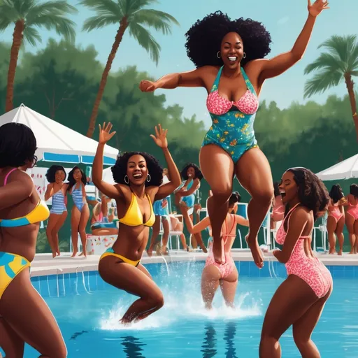 Prompt: An image of black women jumping off a springboard into the pool at a pool party in swimsuits while everyone else is dancing, drinking, and competing in games