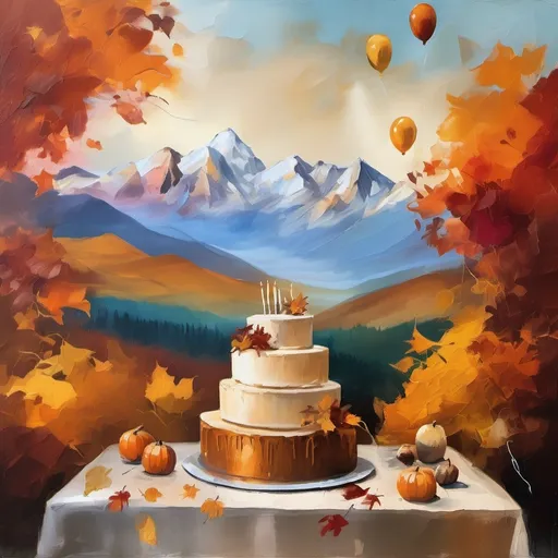 Prompt: oil paint, Visible strokes,rough edges,Warm lighting.  muted tones, 80th birthday party, invitation, autumn theme, cake or balloons, open white space for text, mountains in background