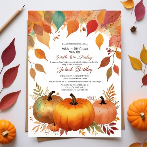 Prompt: Rough Colourful pastel sketch drawing, 80th birthday party invitation, autumn theme