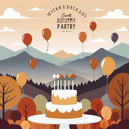 Prompt: 2d flat art, vector art, cover art.  muted tones, 80th birthday party, invitation, autumn theme, cake or balloons, open white space for text, mountains in background