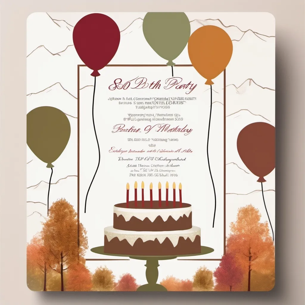 Prompt: Muted tones, 80th birthday party, invitation, autumn theme, cake or balloons, open white space for text, mountains in background