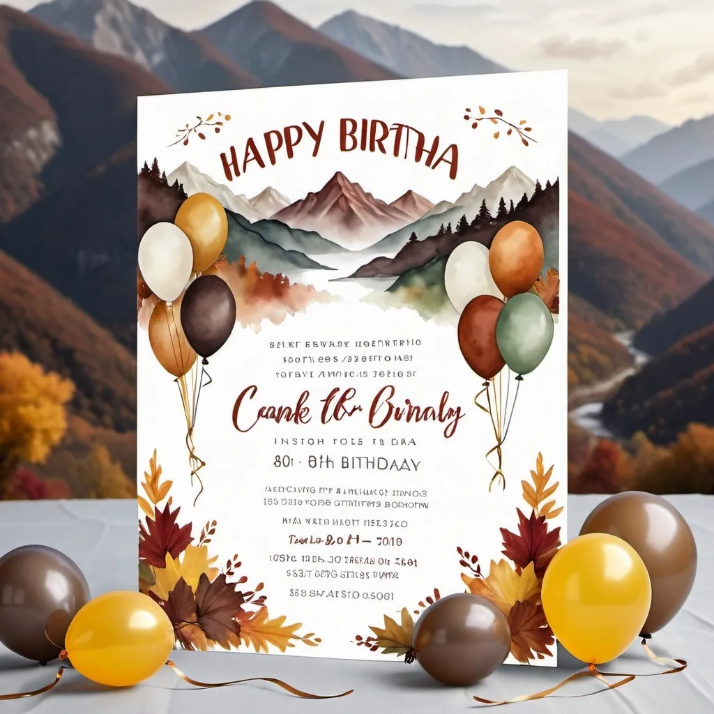 Prompt: Muted tones, 80th birthday party, invitation, autumn theme, cake or balloons, open white space for text, mountains in background