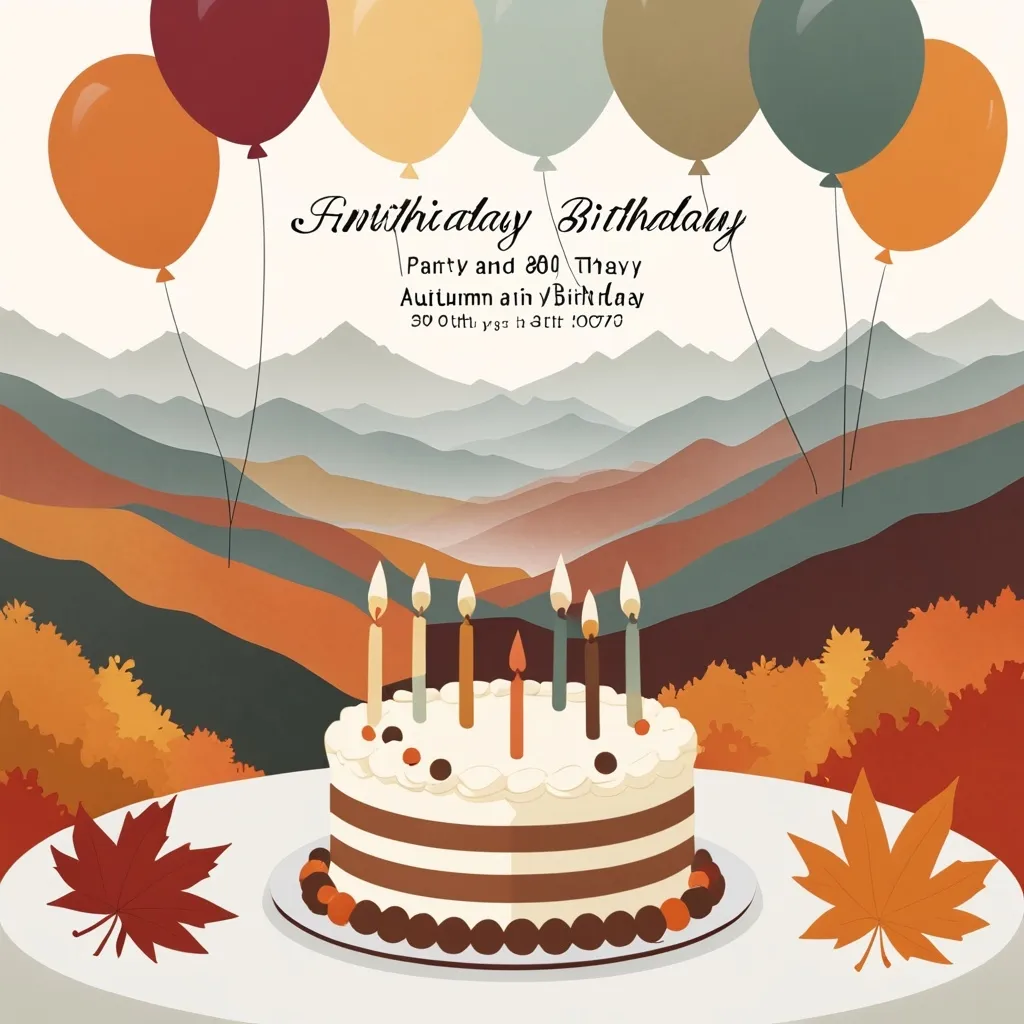 Prompt: Muted tones, 80th birthday party, invitation, autumn theme, cake or balloons, open white space for text, mountains in background