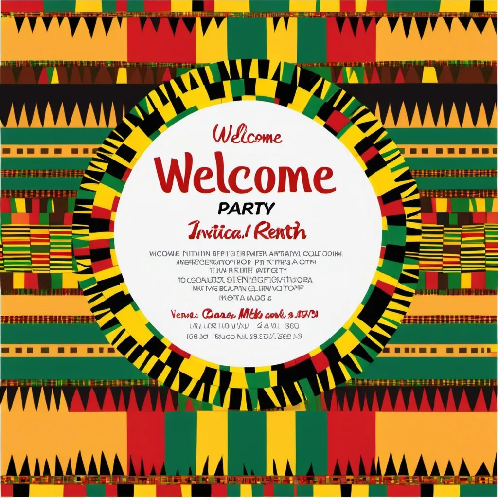 Prompt: welcome party invtiation african kente cloth