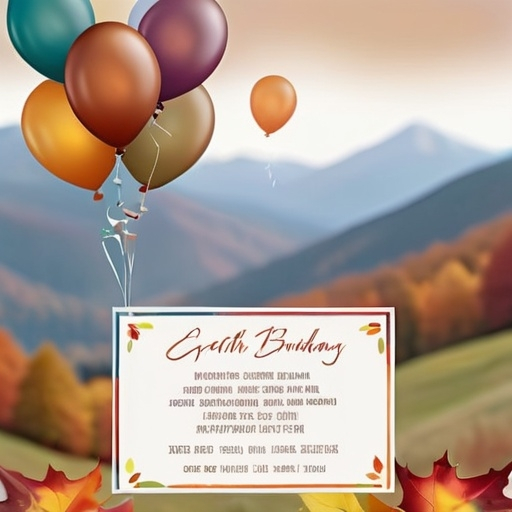 Prompt: Muted tones, 80th birthday party, invitation, autumn theme, cake or balloons, open white space for text, mountains in background