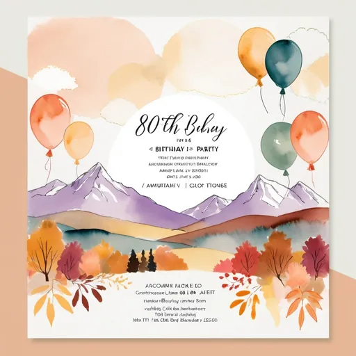 Prompt: Rough Colourful pastel sketch.  muted tones, 80th birthday party, invitation, autumn theme, cake or balloons, open white space for text, mountains in background
