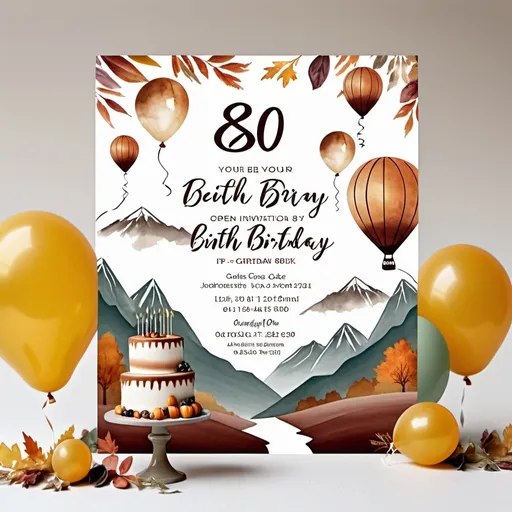 Prompt: Muted tones, 80th birthday party, invitation, autumn theme, cake or balloons, open white space for text, mountains in background