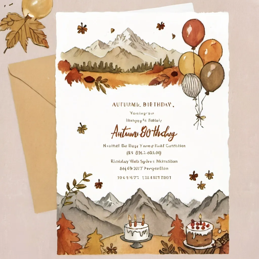 Prompt: Muted tones, 80th birthday party, invitation, autumn theme, cake or balloons, open white space for text, mountains in background