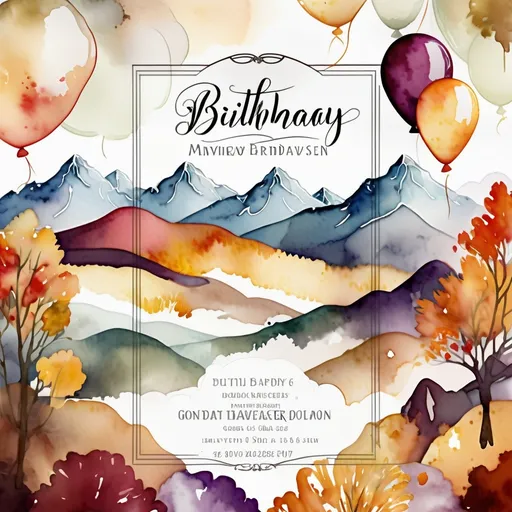 Prompt: digital watercolor painting, bold brush strokes, art nouveau.  muted tones, 80th birthday party, invitation, autumn theme, cake or balloons, open white space for text, mountains in background