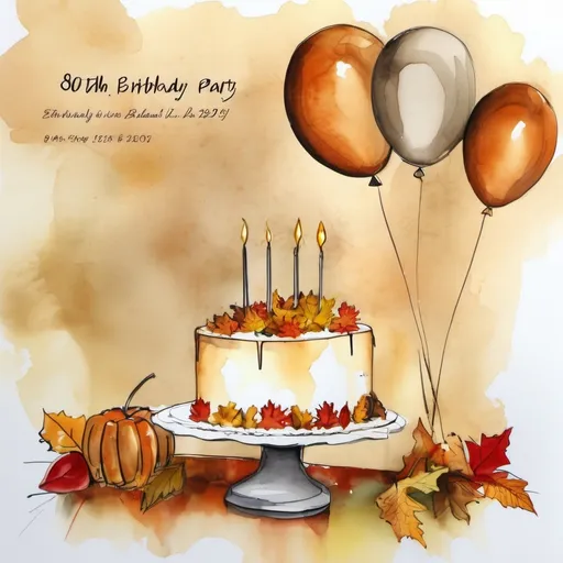 Prompt: 80th birthday party, invitation, autumn theme, cake or balloons, ink and wash  on paper,