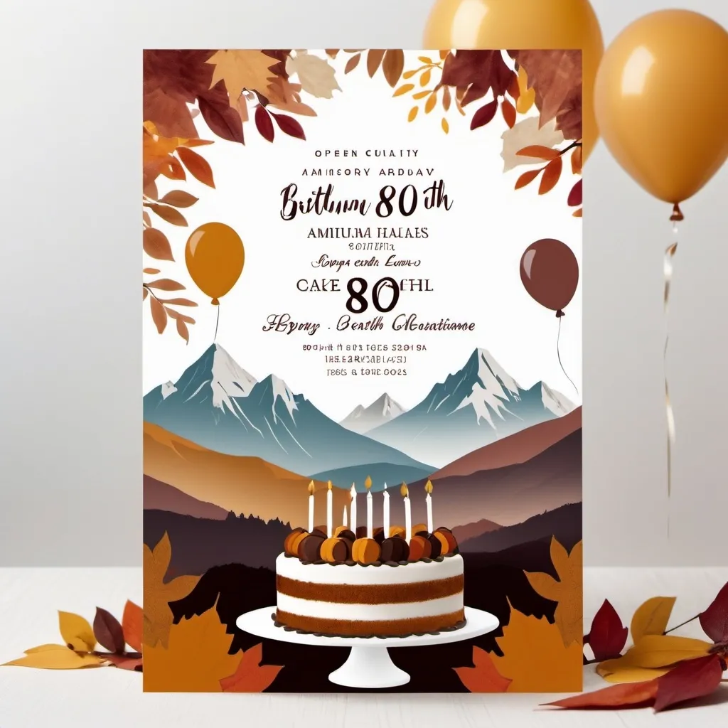 Prompt: Muted tones, 80th birthday party, invitation, autumn theme, cake or balloons, open white space for text, mountains in background