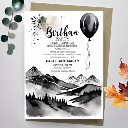 Prompt: Muted tones, 80th birthday party, invitation, autumn theme, cake or balloons, open white space for text, mountains in background