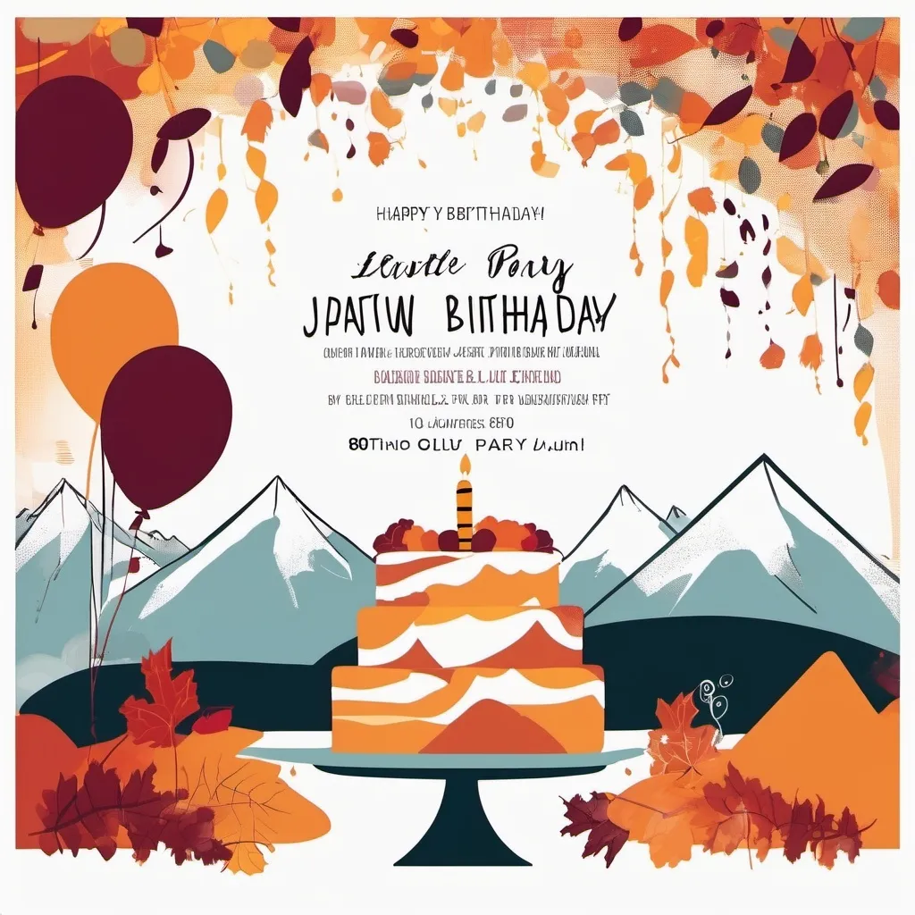 Prompt: Graffiti, muted tones, 80th birthday party, invitation, autumn theme, cake or balloons, open white space for text, mountains in background
