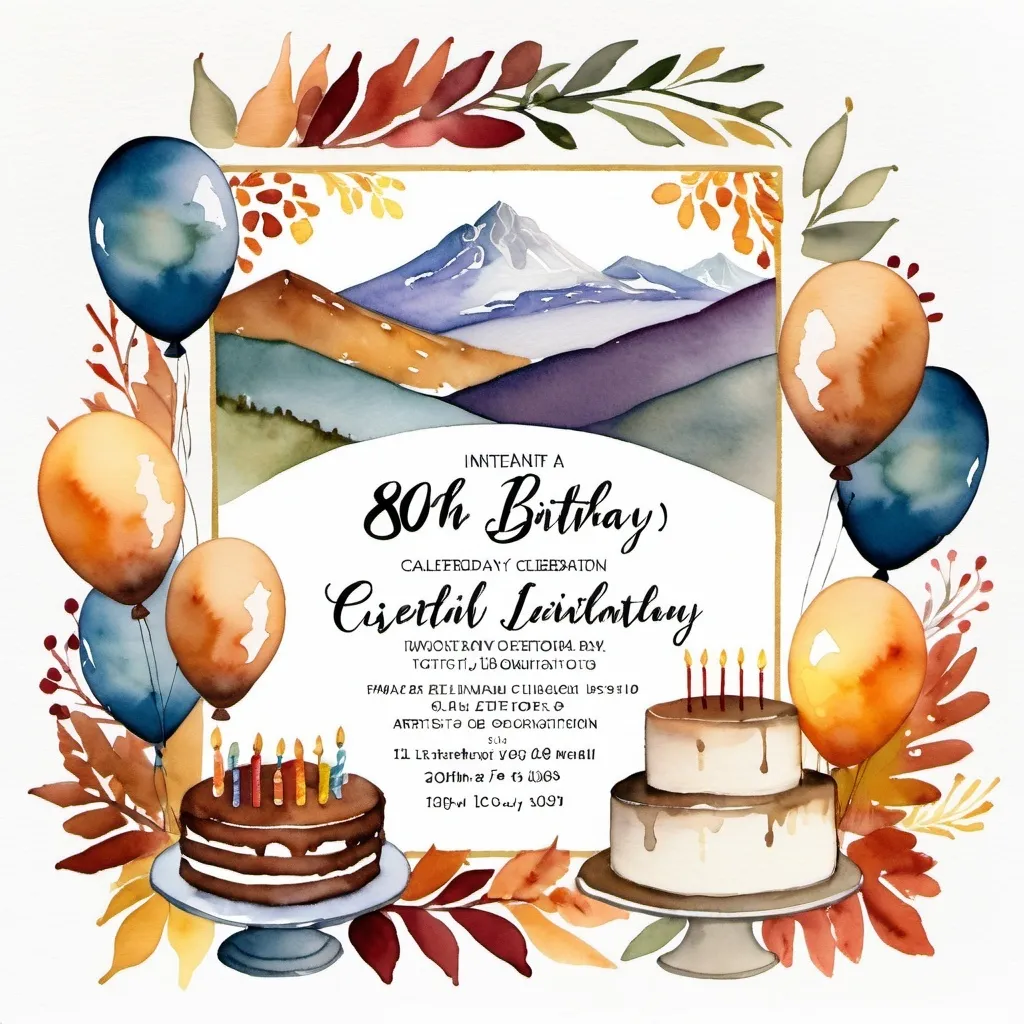 Prompt:  gouache watercolor.  muted tones, 80th birthday party, invitation, autumn theme, cake or balloons, open white space for text, mountains in background