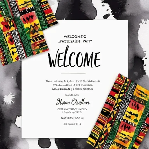 Prompt: Welcome party invitation kente cloth Ghana celebration