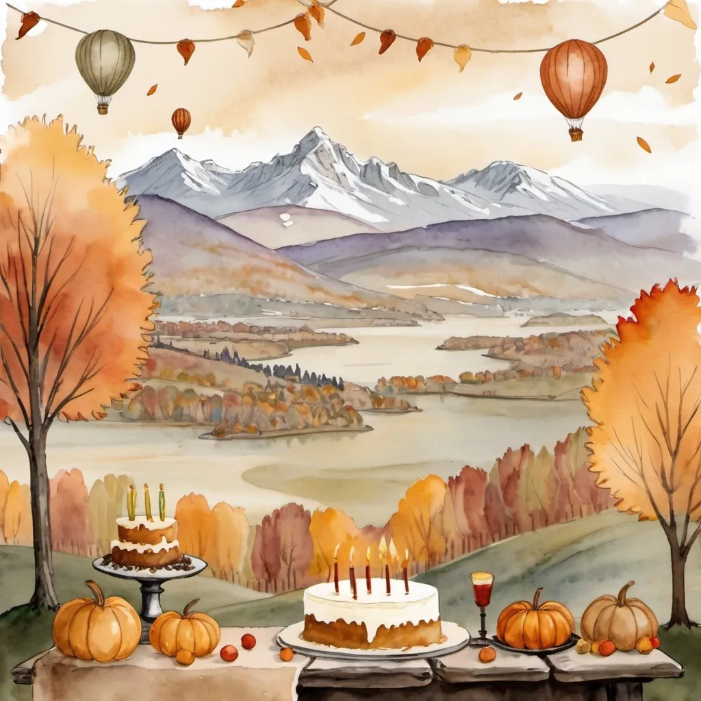 Prompt: Early medieval painting, muted tones, 80th birthday party, invitation, autumn theme, cake or balloons, open write space for text, mountains in background
