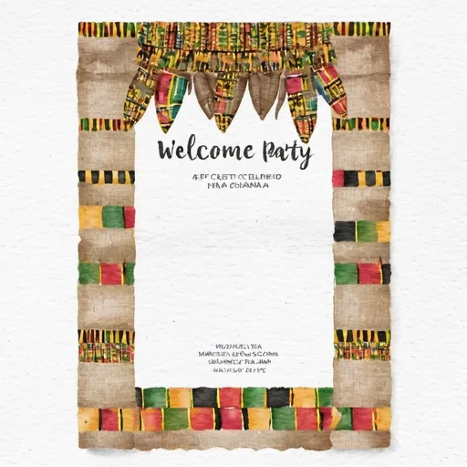 Prompt: welcome party invtiation african kente cloth ghana celebration
