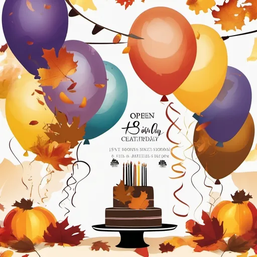 Prompt: Expressionism, vibrant use light shadow, muted tones, 80th birthday party, invitation, autumn theme, cake or balloons, open write space for text