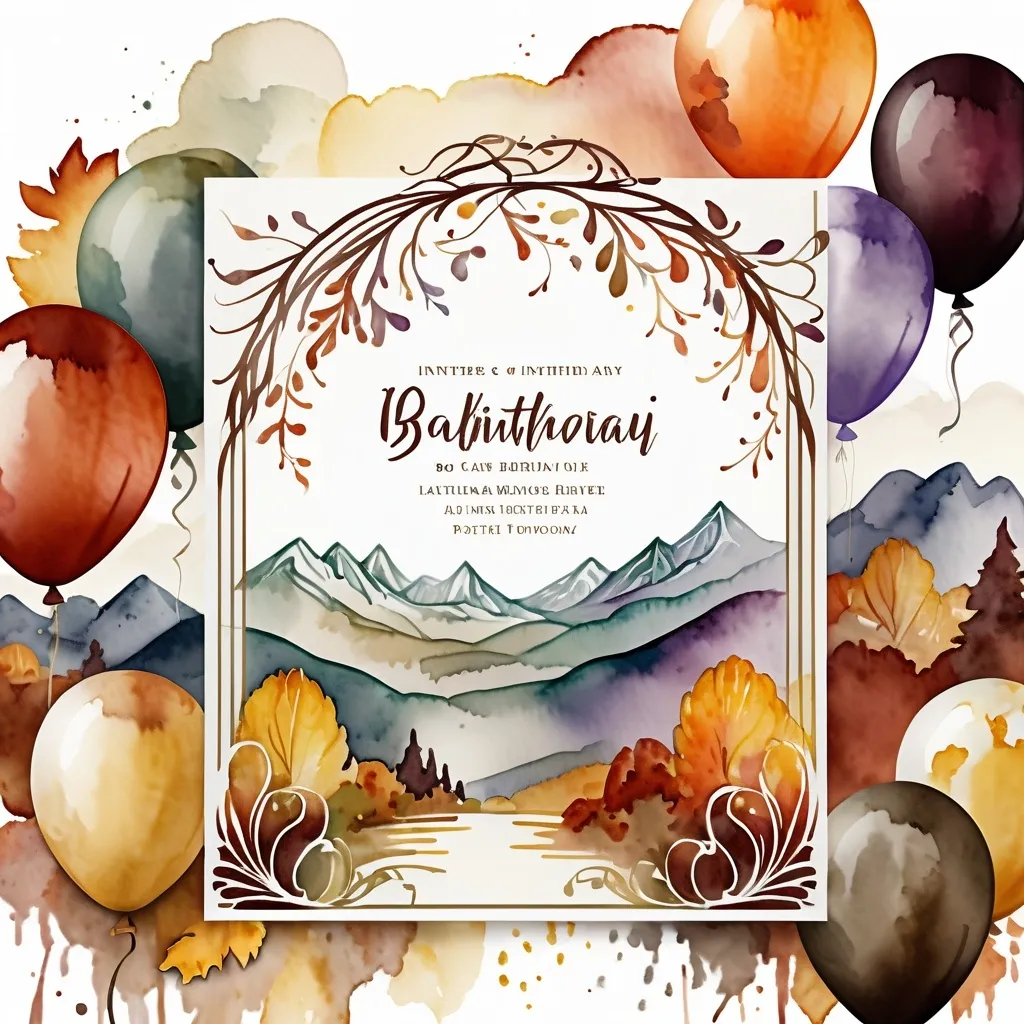 Prompt: digital watercolor painting, bold brush strokes, art nouveau.  muted tones, 80th birthday party, invitation, autumn theme, cake or balloons, open white space for text, mountains in background