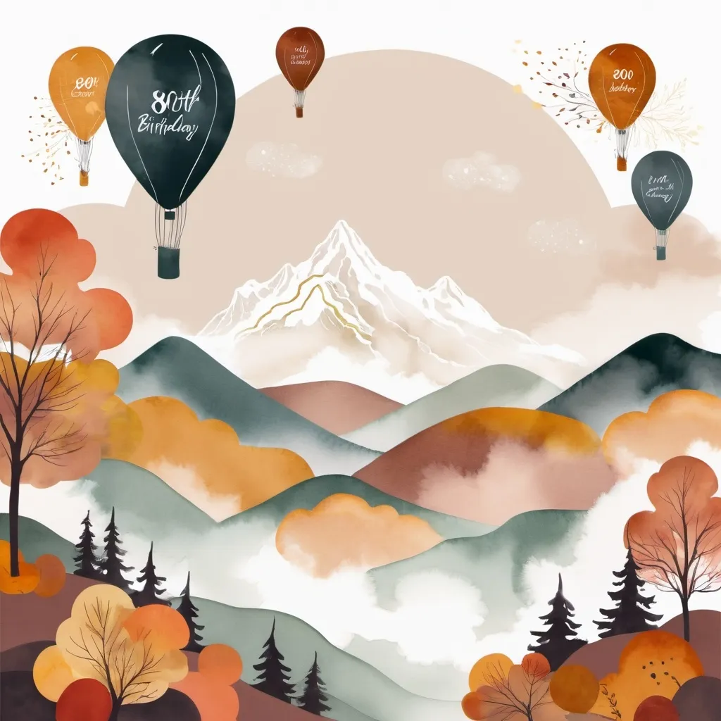 Prompt: illustration, symbolism, cloudcore, endercore, organic shapes,  muted tones, 80th birthday party, invitation, autumn theme, cake or balloons, open white space for text, mountains in background