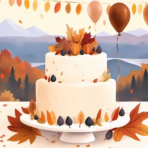 Prompt: Muted tones, 80th birthday party, invitation, autumn theme, cake or balloons, open white space for text, mountains in background