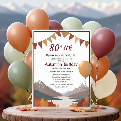 Prompt: Muted tones, 80th birthday party, invitation, autumn theme, cake or balloons, open white space for text, mountains in background