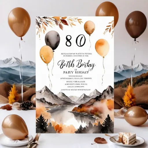 Prompt: Muted tones, 80th birthday party, invitation, autumn theme, cake or balloons, open white space for text, mountains in background