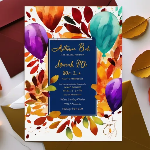 Prompt: Fauvism, muted jewel colors expressive brushstrokes, 80th birthday party, invitation, autumn theme, cake or balloons, open write space for text