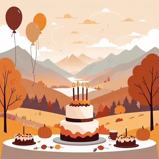 Prompt: illustrations for a book-cover,flat design,simple shapes,vector. muted tones, 80th birthday party, invitation, autumn theme, cake or balloons, open white space for text, mountains in background