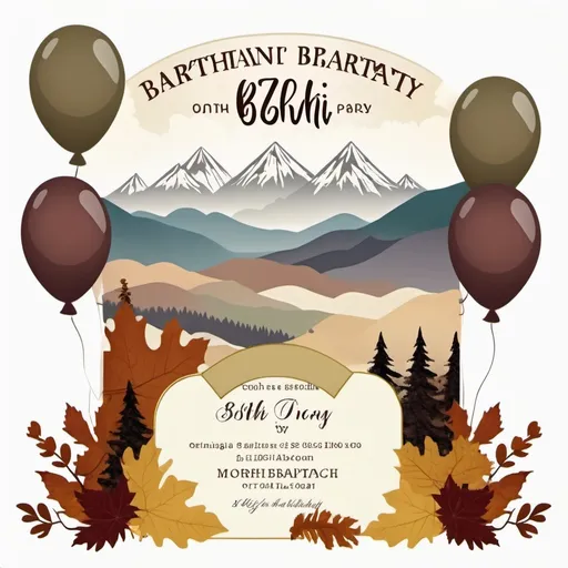 Prompt: Muted tones, 80th birthday party, invitation, autumn theme, cake or balloons, open white space for text, mountains in background