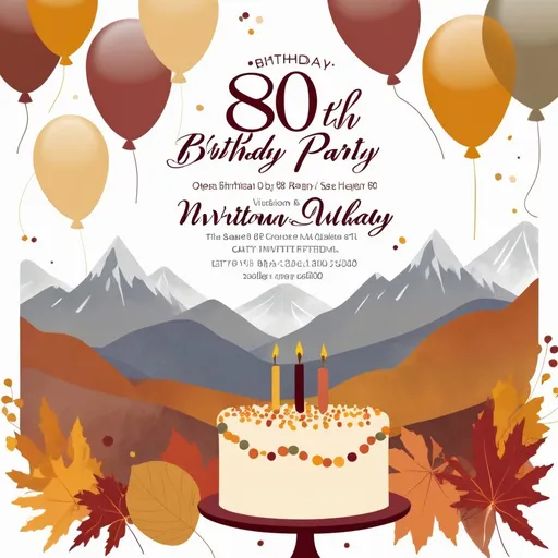 Prompt:  muted tones, 80th birthday party, invitation, autumn theme, cake or balloons, open white space for text, mountains in background