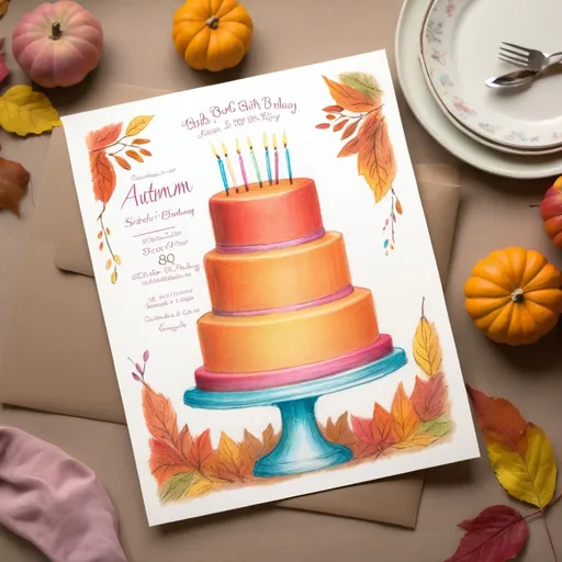 Prompt: Rough Colourful pastel sketch drawing, 80th birthday party, invitation, autumn theme, cake
