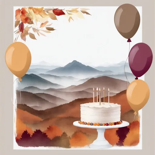 Prompt: Muted tones, 80th birthday party, invitation, autumn theme, cake or balloons, open white space for text, mountains in background