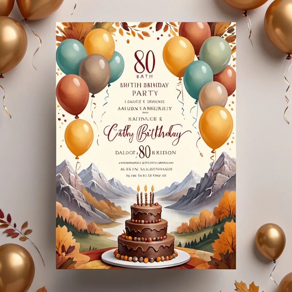 Prompt: Muted tones, 80th birthday party, invitation, autumn theme, cake or balloons, open white space for text, mountains in background