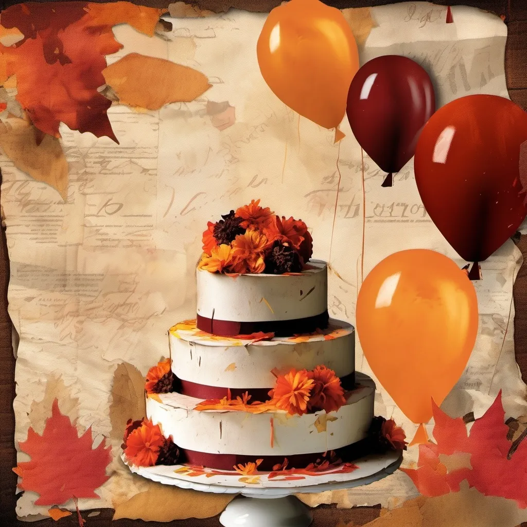 Prompt: collage torn, cut old paper backdrop, bold brushstroke, gritty texture, 80th birthday party, invitation, autumn theme, cake or balloons