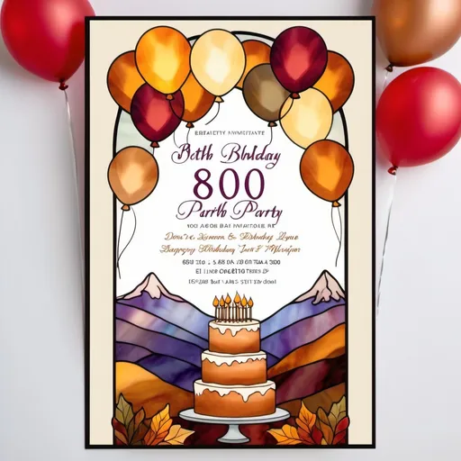 Prompt:  muted tones, 80th birthday party, invitation, autumn theme, cake or balloons, open white space for text, mountains in background