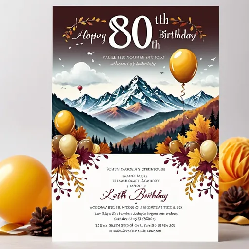 Prompt: Muted tones, 80th birthday party, invitation, autumn theme, cake or balloons, open white space for text, mountains in background