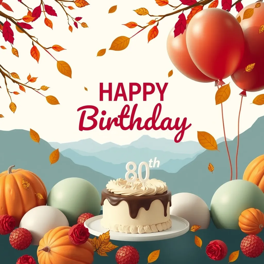 Prompt: Muted tones, 80th birthday party, invitation, autumn theme, cake or balloons, open white space for text, mountains in background