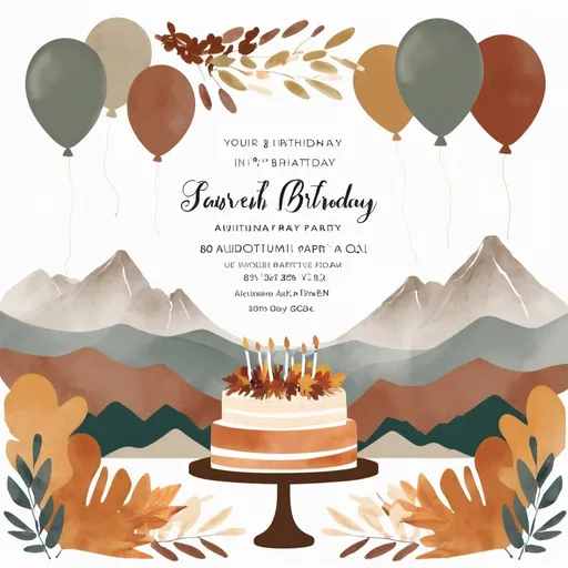 Prompt:  muted tones, 80th birthday party, invitation, autumn theme, cake or balloons, open white space for text, mountains in background