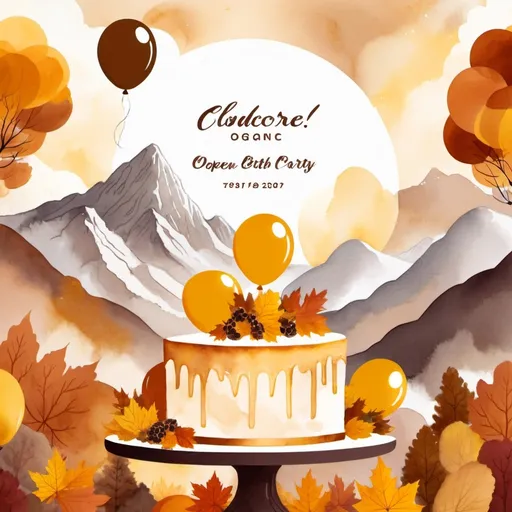 Prompt: illustration, symbolism, cloudcore, endercore, organic shapes,  muted tones, 80th birthday party, invitation, autumn theme, cake or balloons, open white space for text, mountains in background