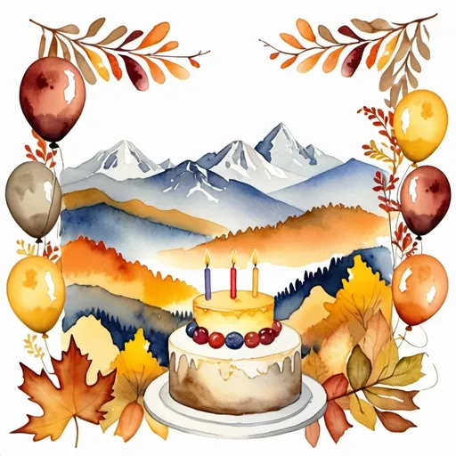 Prompt:  gouache watercolor.  muted tones, 80th birthday party, invitation, autumn theme, cake or balloons, open white space for text, mountains in background