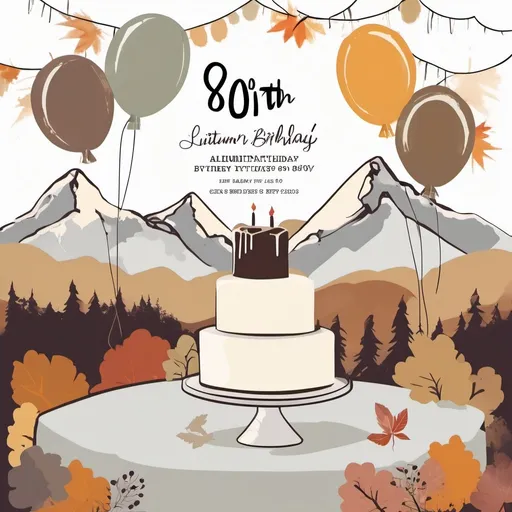 Prompt: Graffiti, muted tones, 80th birthday party, invitation, autumn theme, cake or balloons, open white space for text, mountains in background
