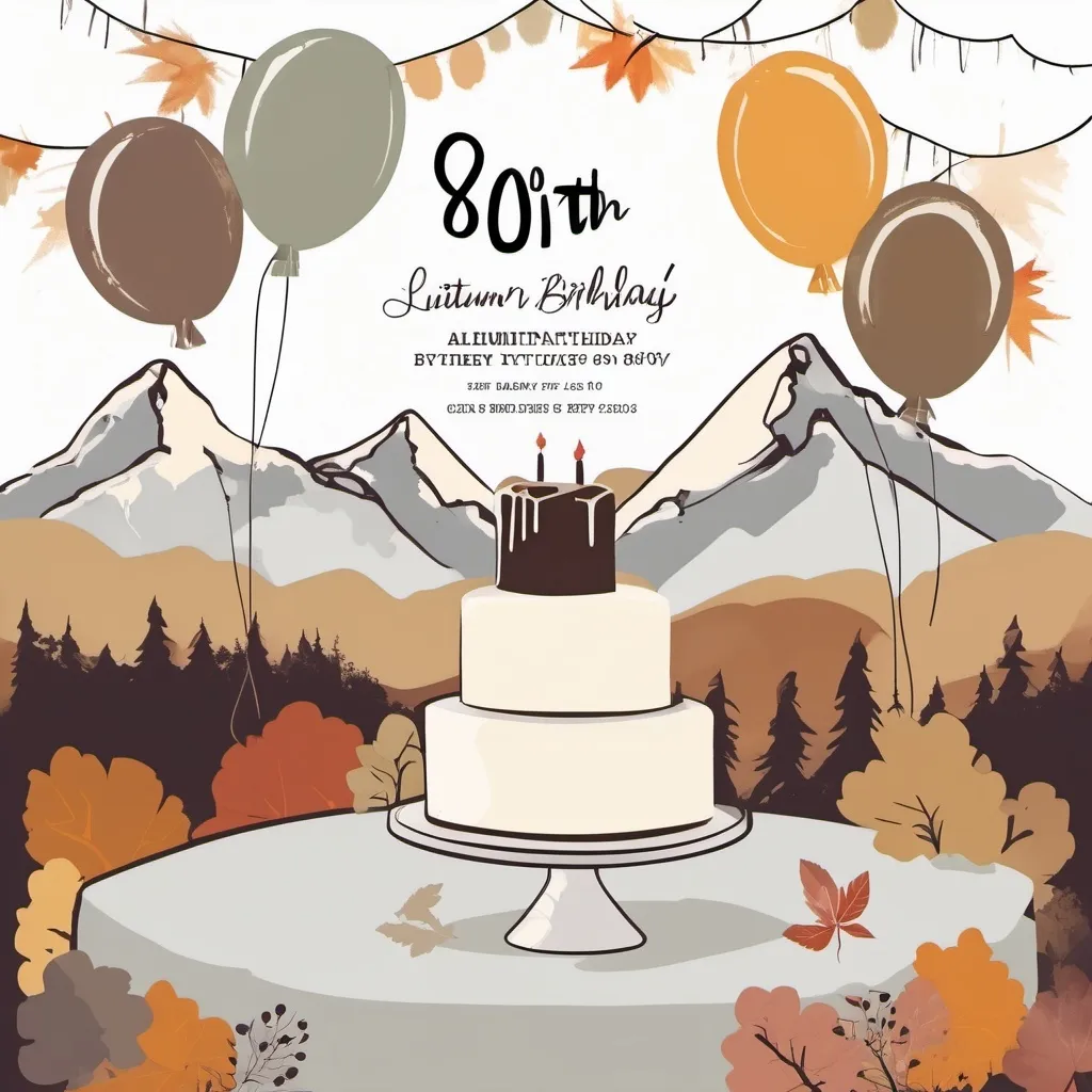 Prompt: Graffiti, muted tones, 80th birthday party, invitation, autumn theme, cake or balloons, open white space for text, mountains in background
