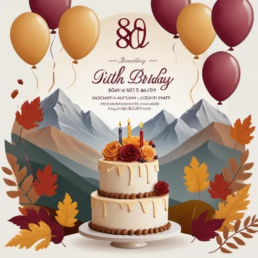 Prompt: Muted tones, 80th birthday party, invitation, autumn theme, cake or balloons, open white space for text, mountains in background