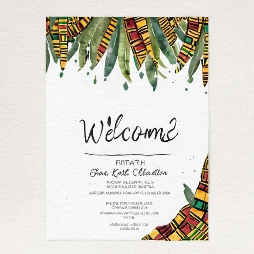 Prompt: welcome party invtiation african kente cloth ghana celebration
