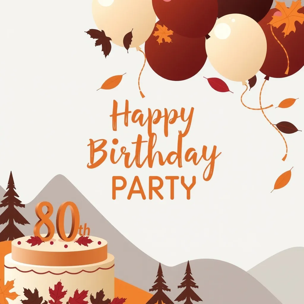 Prompt: Muted tones, 80th birthday party, invitation, autumn theme, cake or balloons, open white space for text, mountains in background